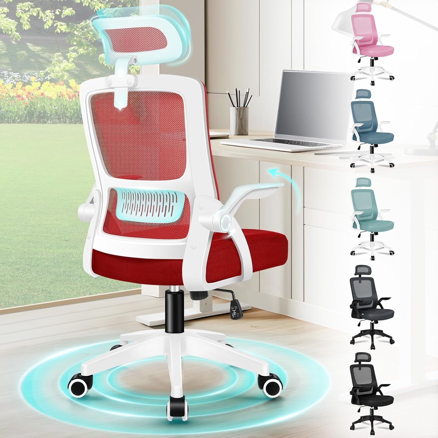 Ergonomic Mesh Office Chair Lumbar Support Flip Arms Headrest Red 180KG Max