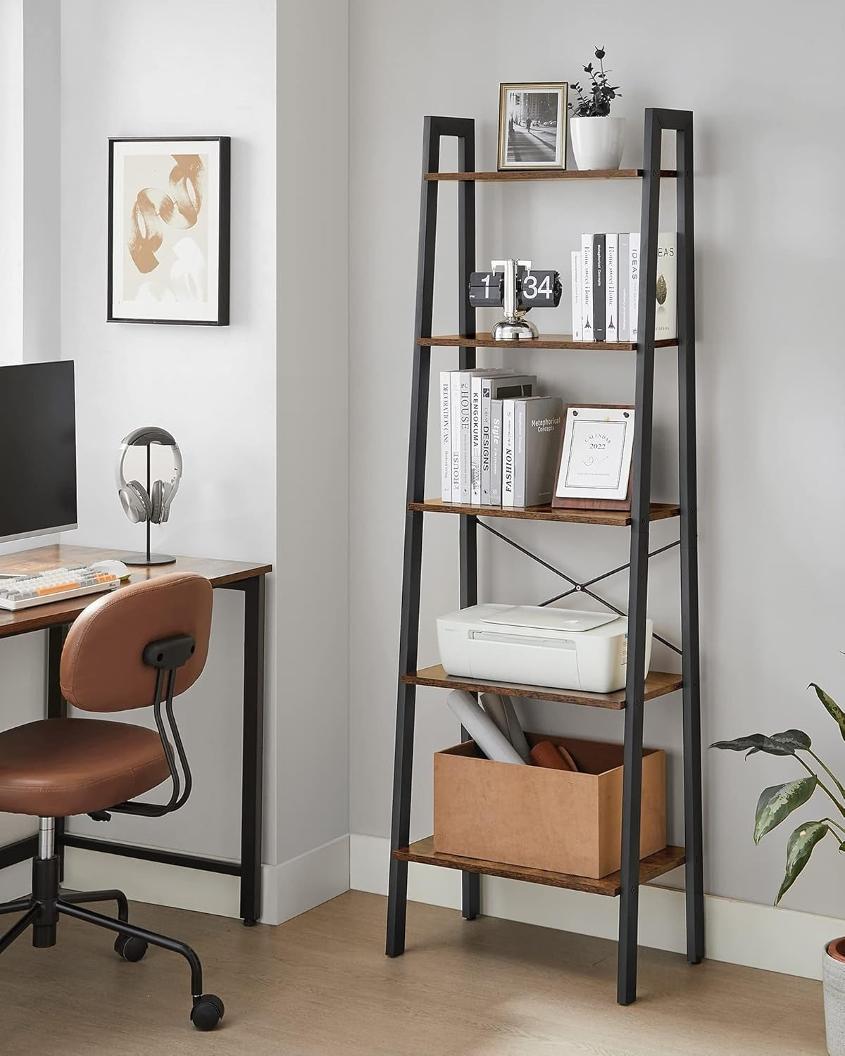 5-Tier Industrial Ladder Shelf Bookcase Storage Rack Rustic Brown 172cm