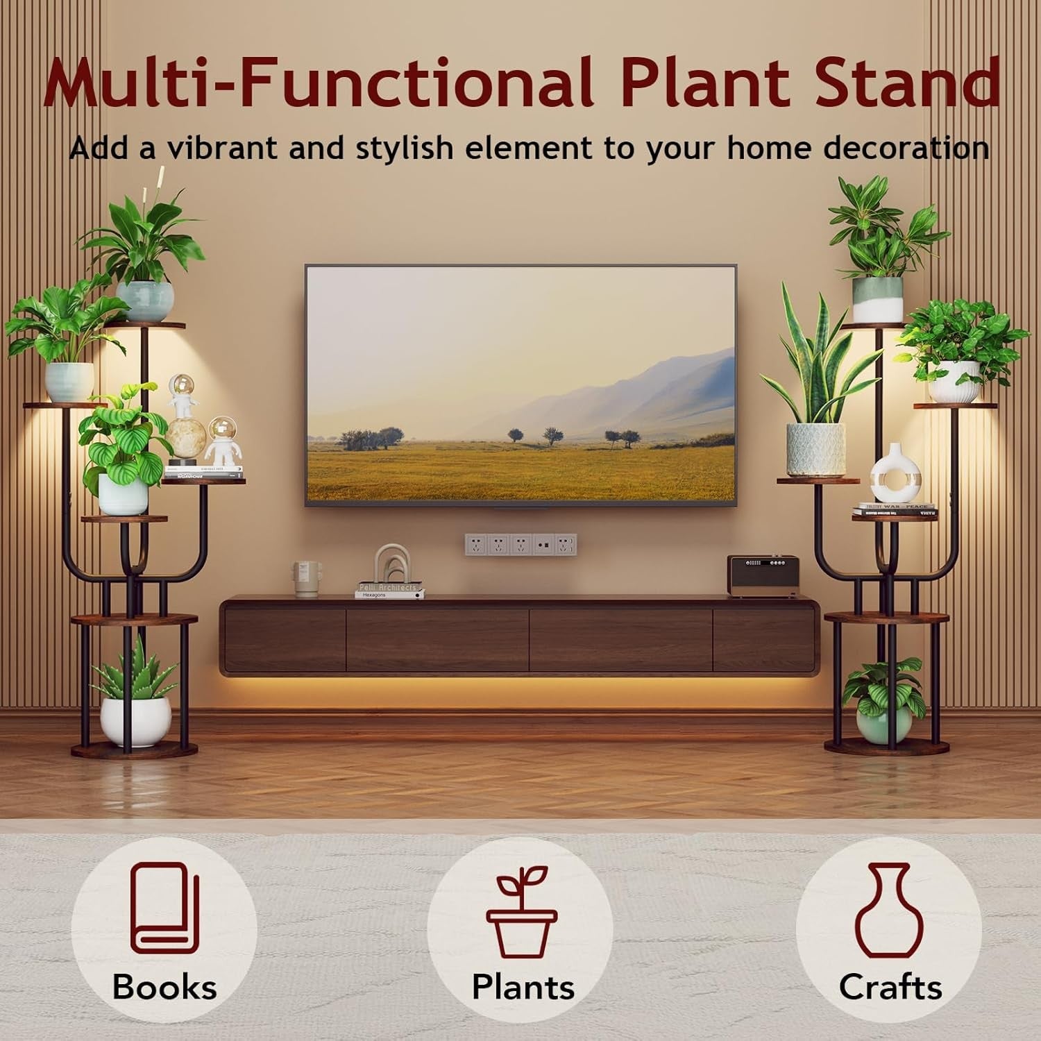 6 Tier Metal Wood Plant Stand with Grow Light Indoor Corner Shelf Rack Brown