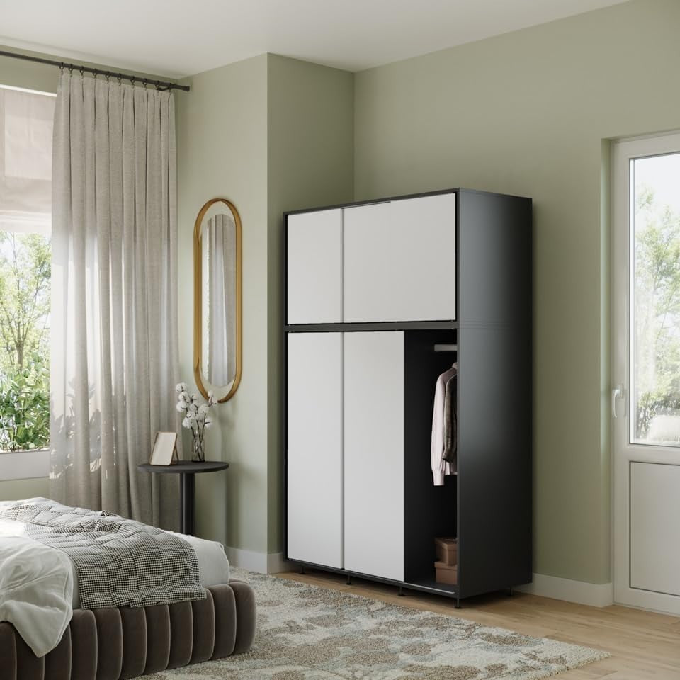 6-Door White Sliding Wardrobe with Adjustable Feet & Spacious Bedroom Storage