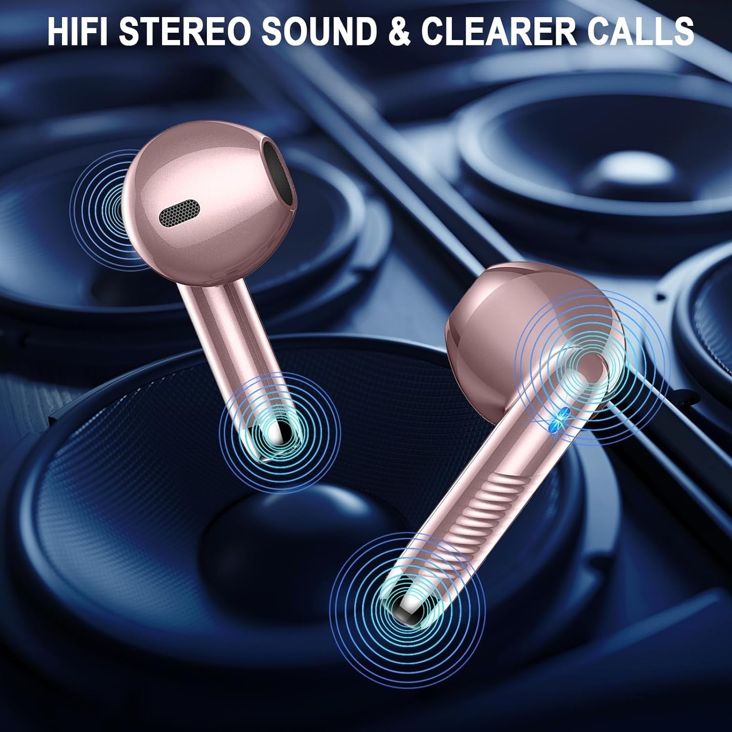 Bluetooth 5.4 Pink Gold Earbuds ENC Mic 40H Deep Bass LED Touch IP7
