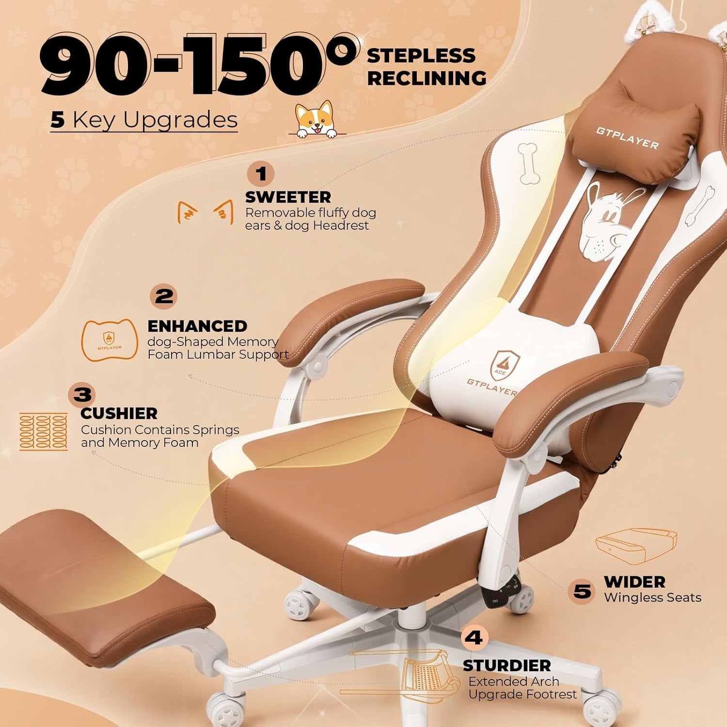 Reclining Gaming Chair w/ Footrest Cat Ears PU Leather Brown