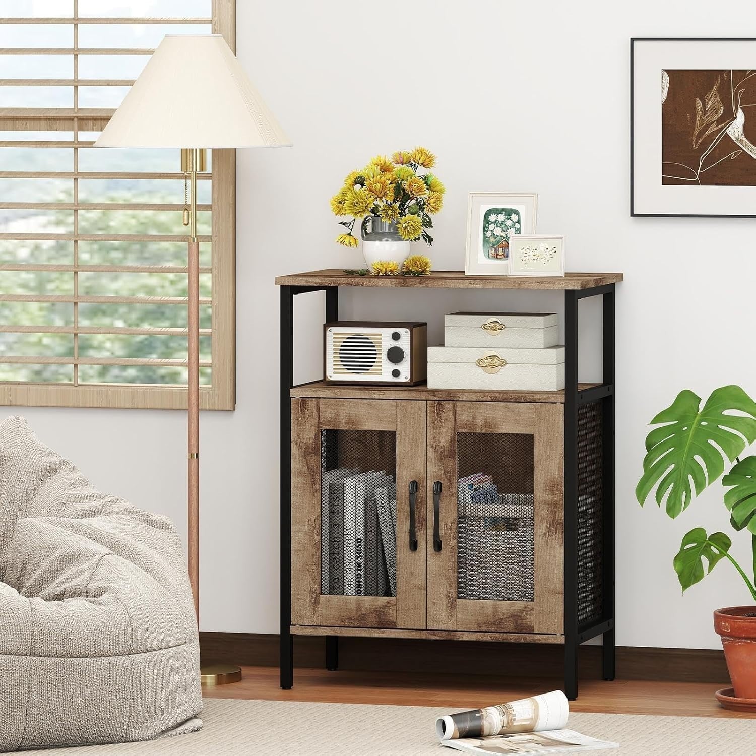 Grey Wash Wine Bar Cabinet with Glass Holder & Bottle Rack Freestanding