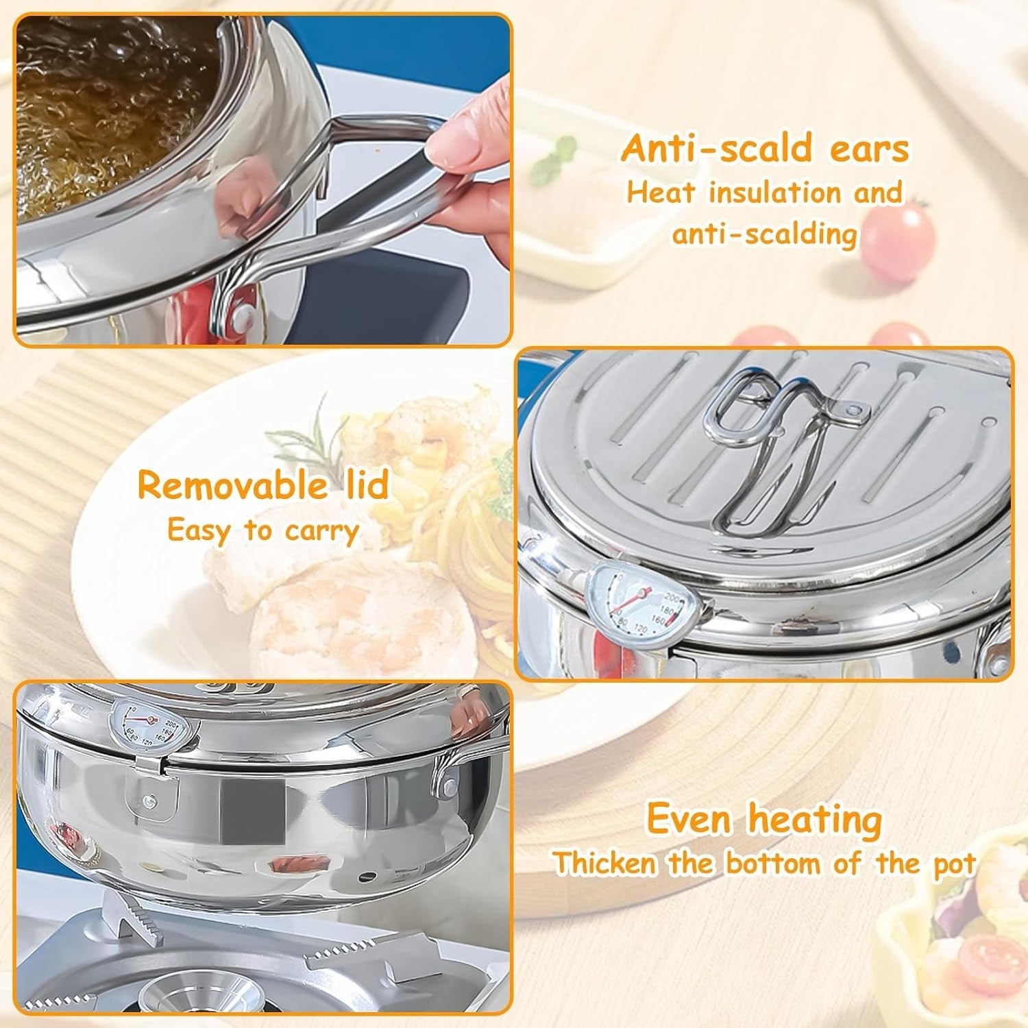 Stainless Steel Deep Fryer Pot 4.2L Temp Control Lid Oil Drain Rack