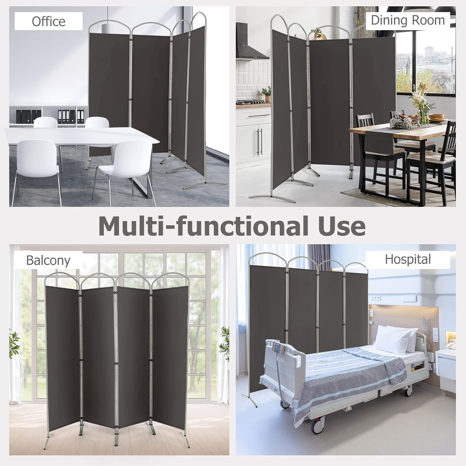 4 Panel Grey Folding Room Divider Privacy Screen for Bedroom Office 188cm High