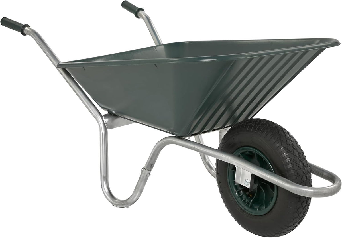 90L 1-Wheel Wheelbarrow Green – Pneumatic Tyre Steel Frame w/ Ergo Handles 120kg