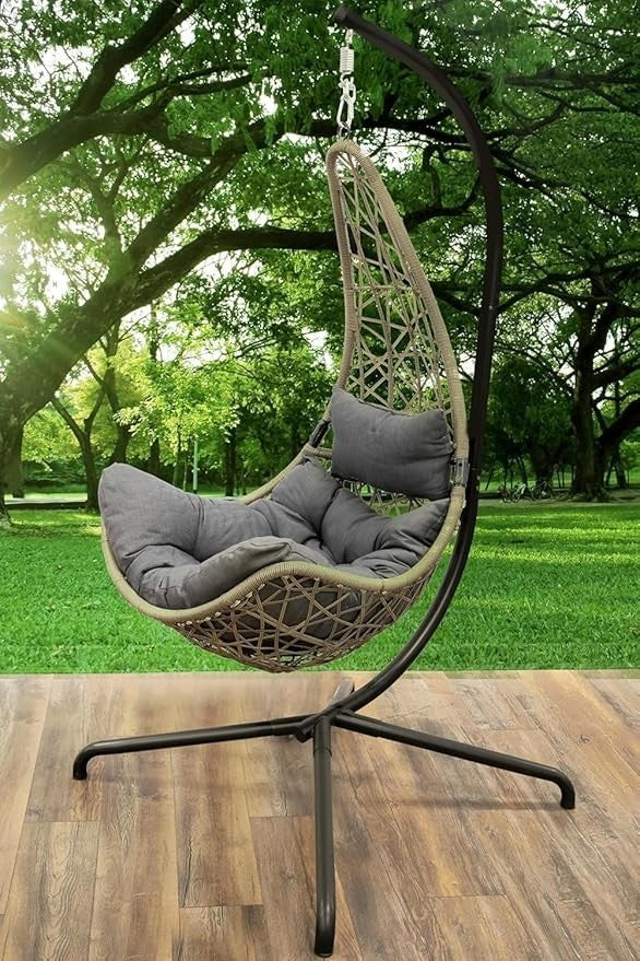 Hanging Swing Chair with Stand & Cushions | Grey Rattan | Heavy Duty Frame