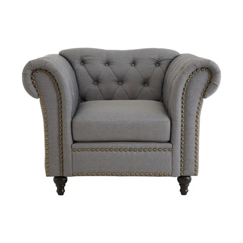 Grey Chesterfield Armchair with Button Tufting & Studded Scroll Arms
