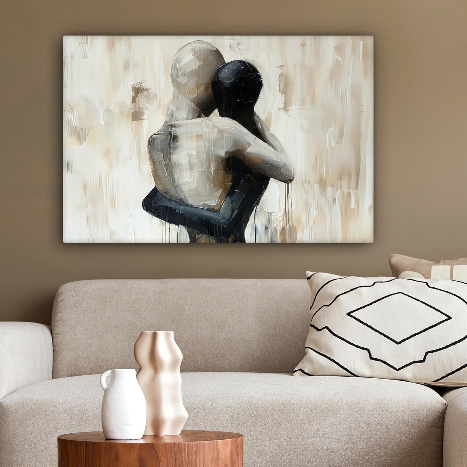 Abstract Couple Canvas Wall Art 60x40cm Framed Beige Modern
