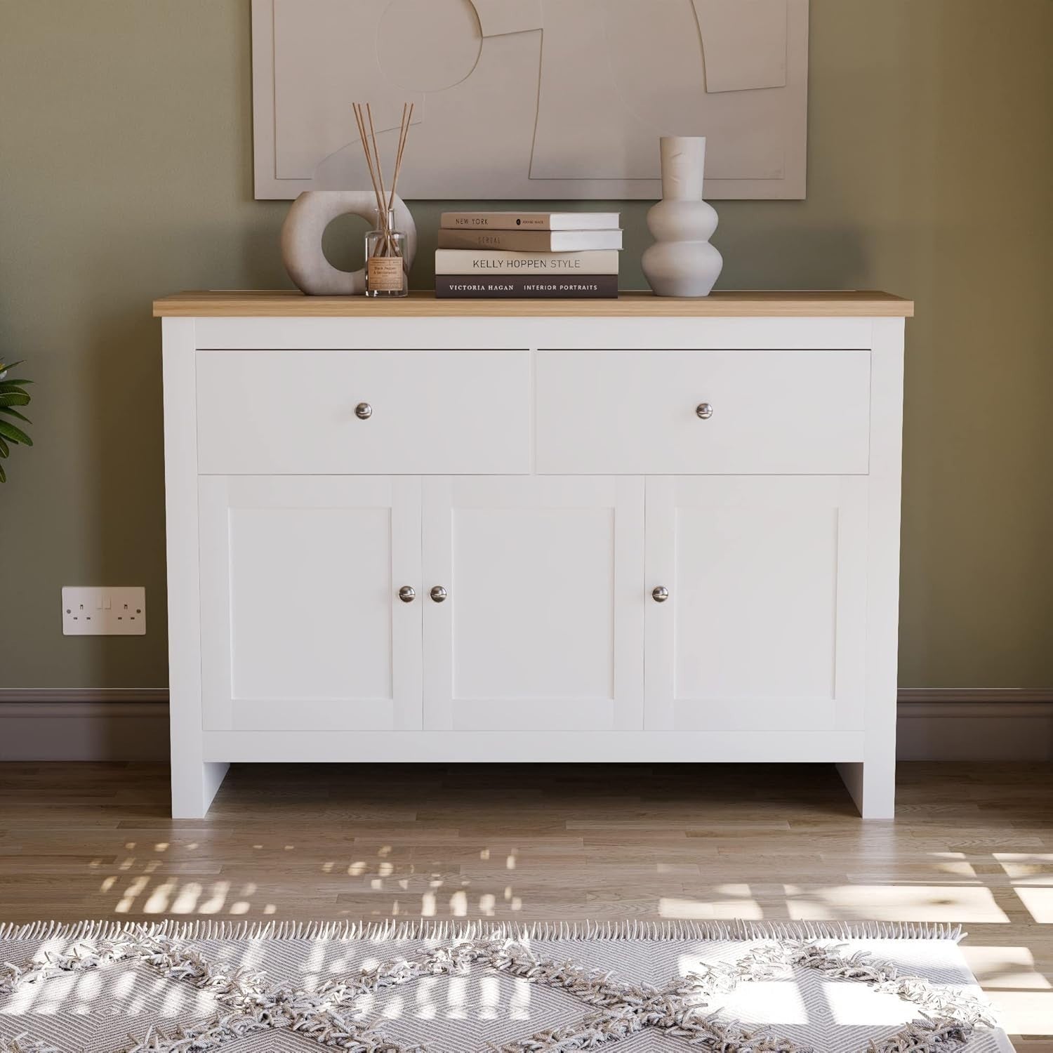 White & Oak Sideboard Cabinet with Drawers Storage Buffet Cupboard 3 Door
