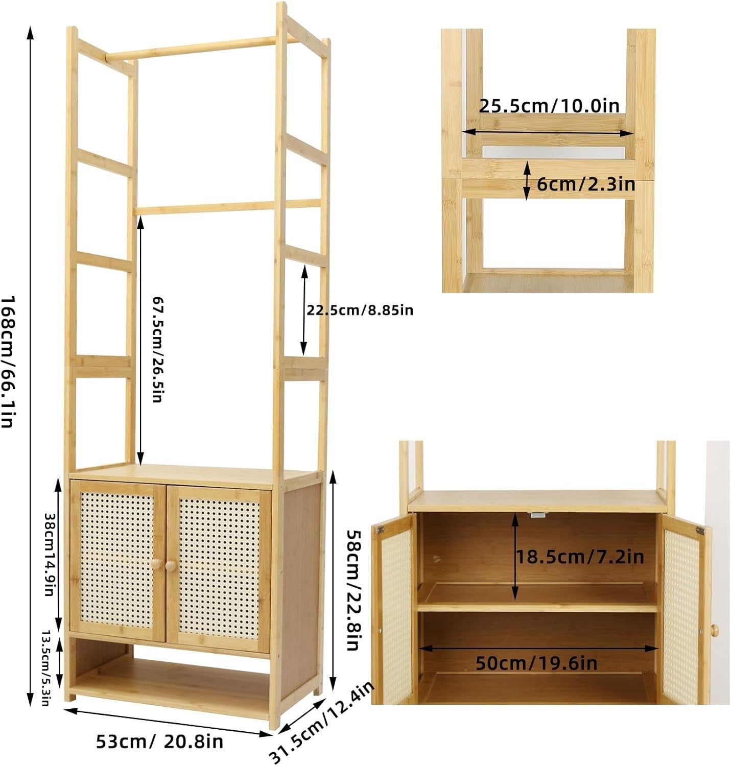 Bamboo Clothes Rack Wardrobe with Cabinet – Freestanding Storage 168cm