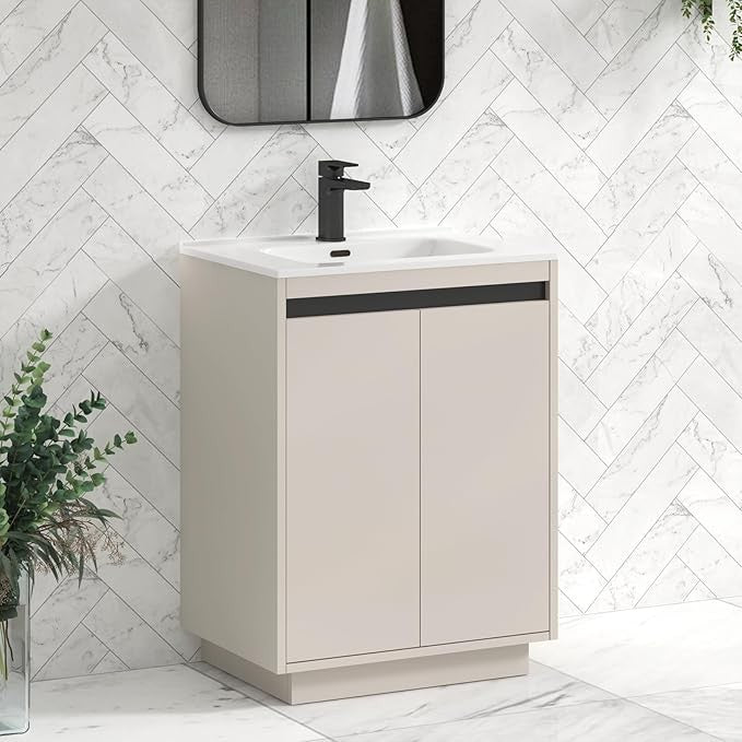 600mm Beige Floor Standing Vanity Unit with Basin Sink 2 Door Cabinet Modern