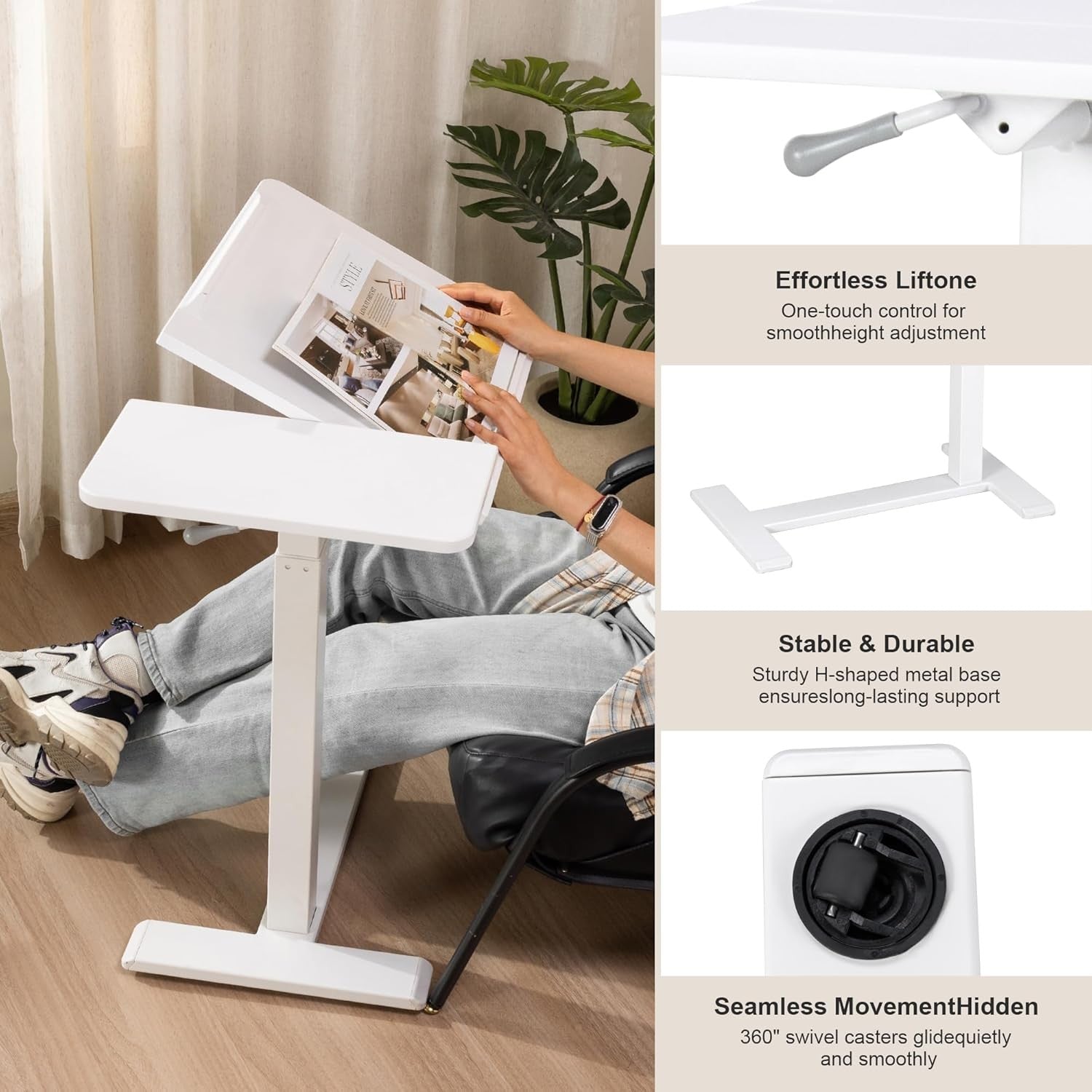 Overbed Laptop Table Height Adjustable Rolling Desk C Shape Tilt Top White
