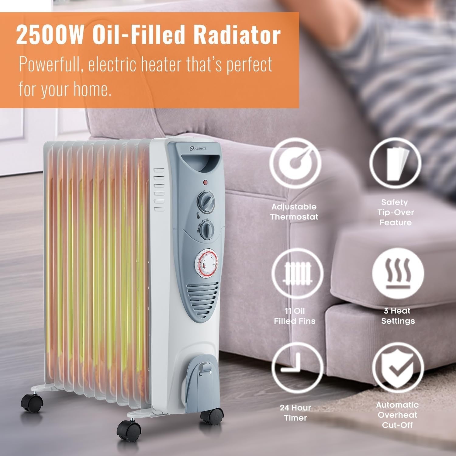 Oil Filled Radiator Heater 2500W 11 Fin Portable Electric Heater Timer