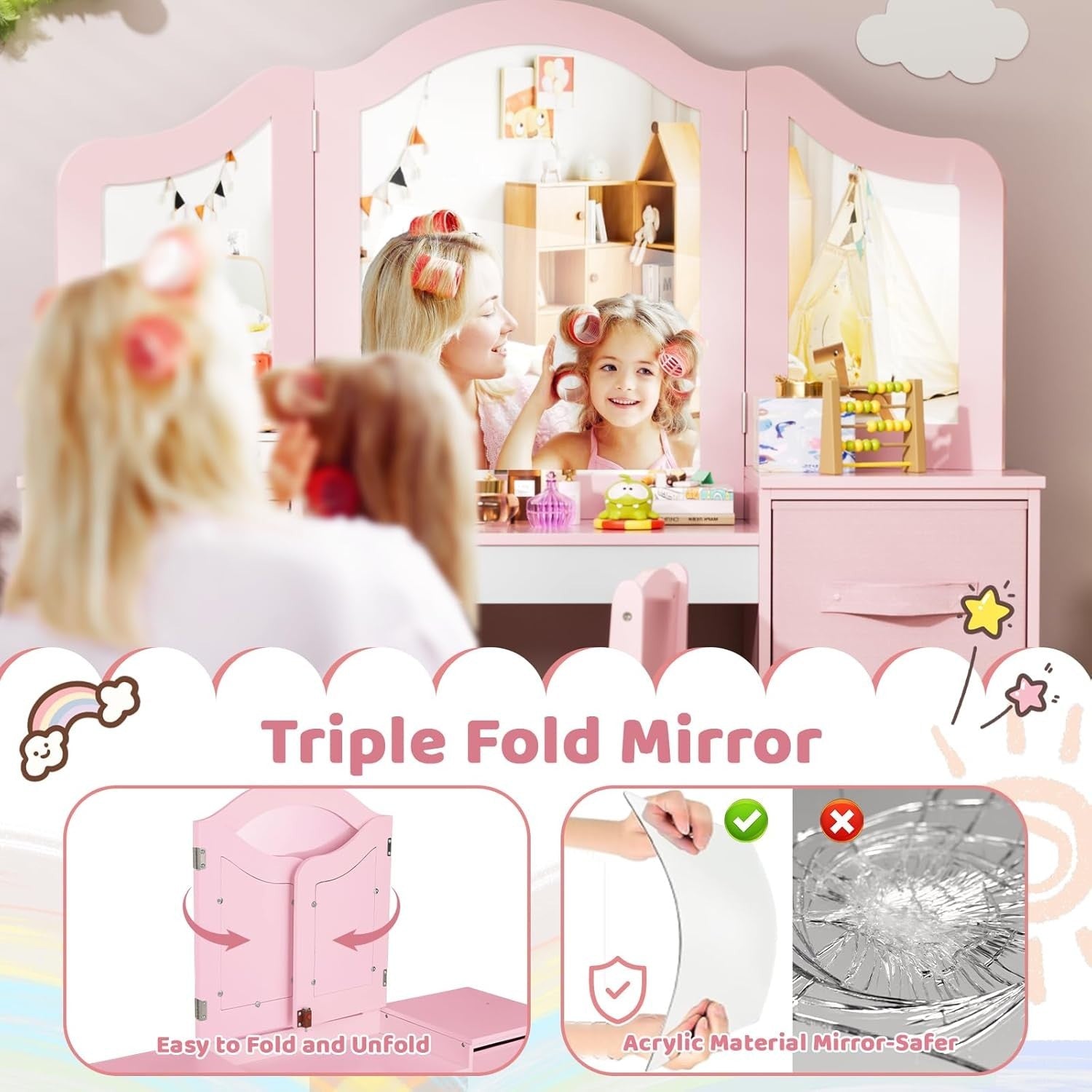 Kids Vanity Dressing Table Set with Tri-Fold Mirror, Stool & Storage Pink