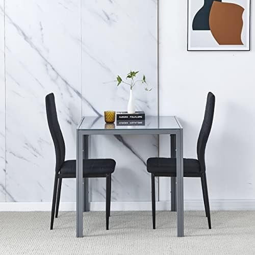 Square Glass Dining Table Set Grey Top Black Linen Chairs 2 Seater Compact