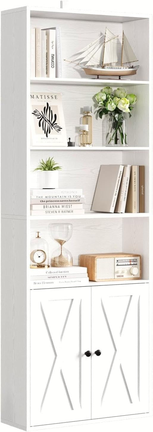 6 Tier Tall White Bookcase with Doors Storage Display BookShelf 60x23.5x180cm