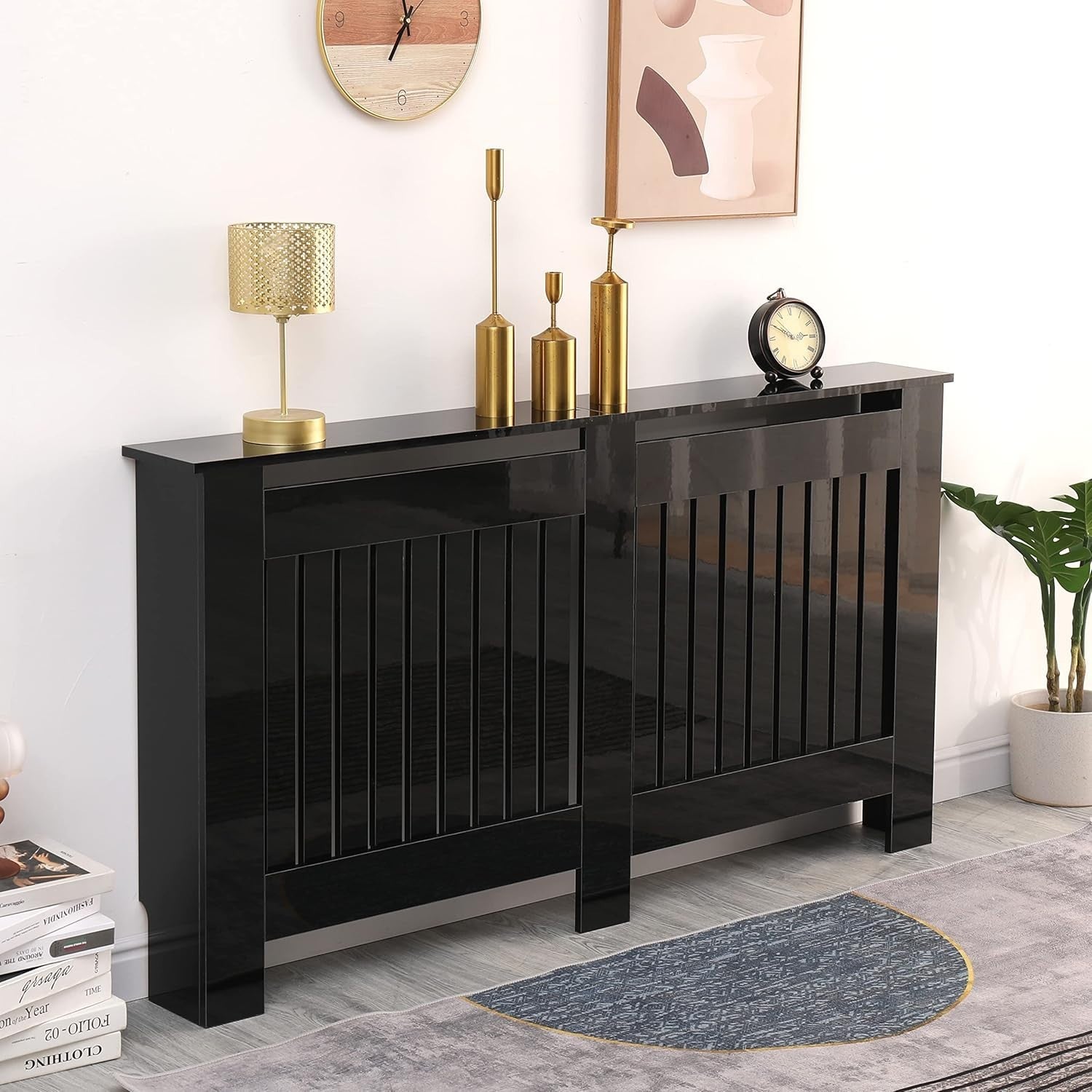 Large High Gloss Black Radiator Cover MDF Slatted Modern Cabinet Heating Unit