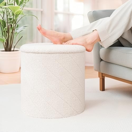 White Round Storage Ottoman Footstool 3-in-1 Seat with Lid 43x43x45cm