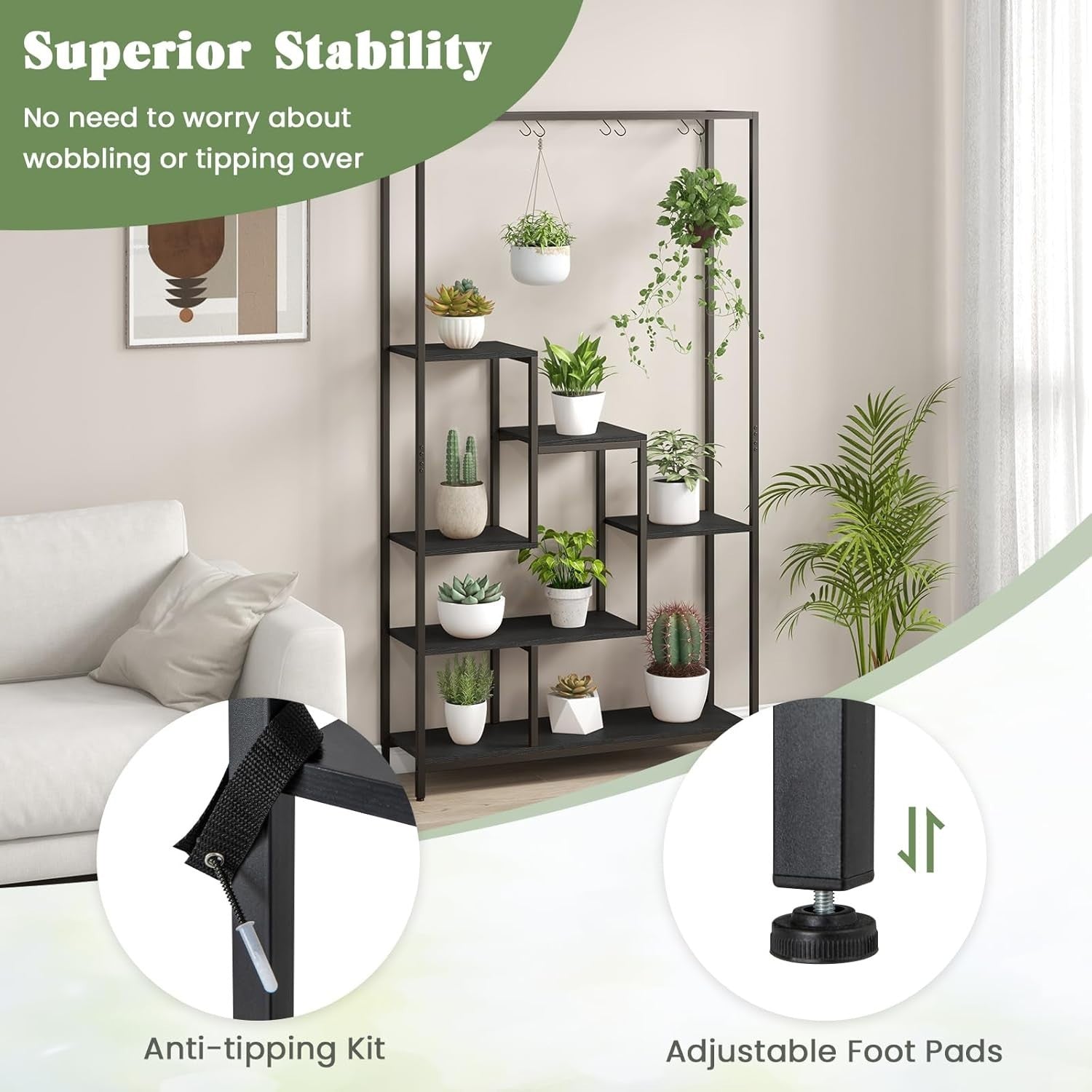 6-Tier Metal Plant Stand 180cm Tall Indoor Flower Shelf with Hooks & Wire Rack