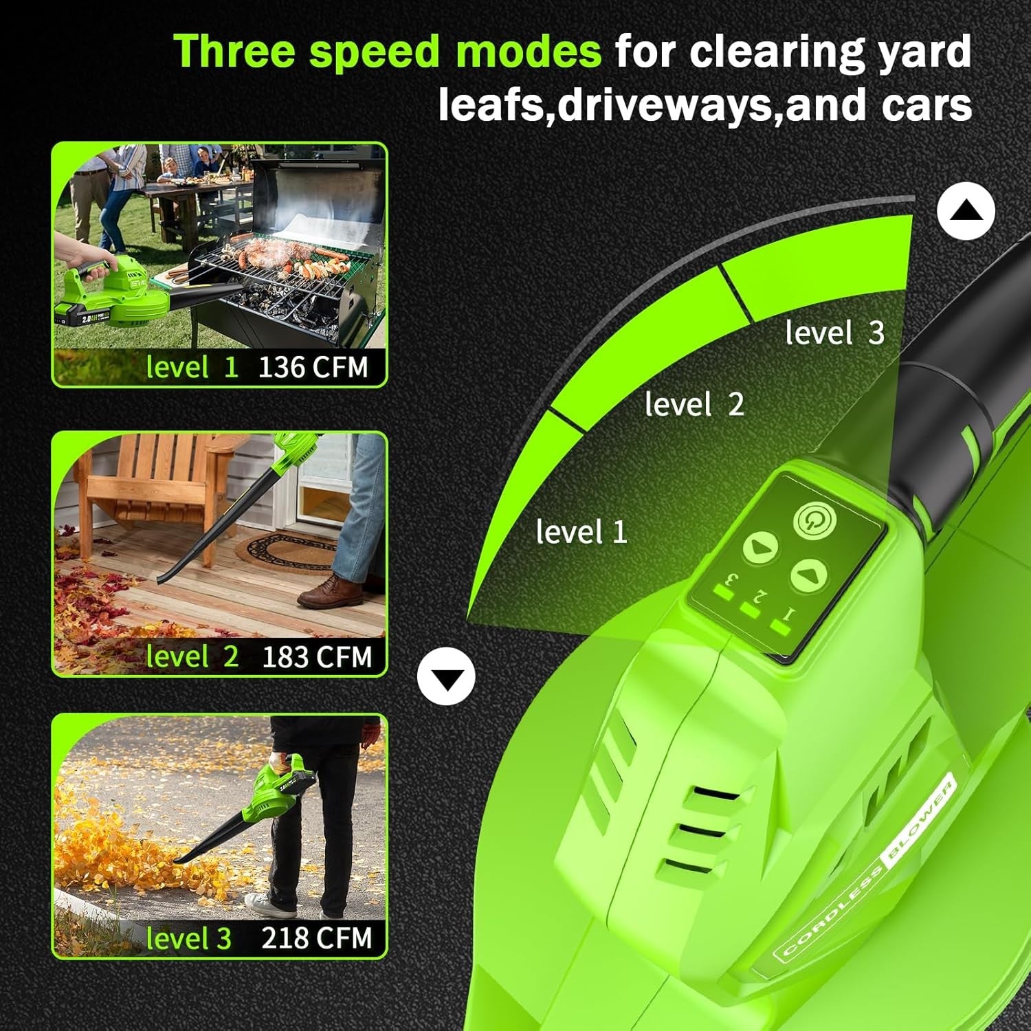 Cordless Leaf Blower 20V Dual Battery Lightweight 3 Speed Garden Cleaner