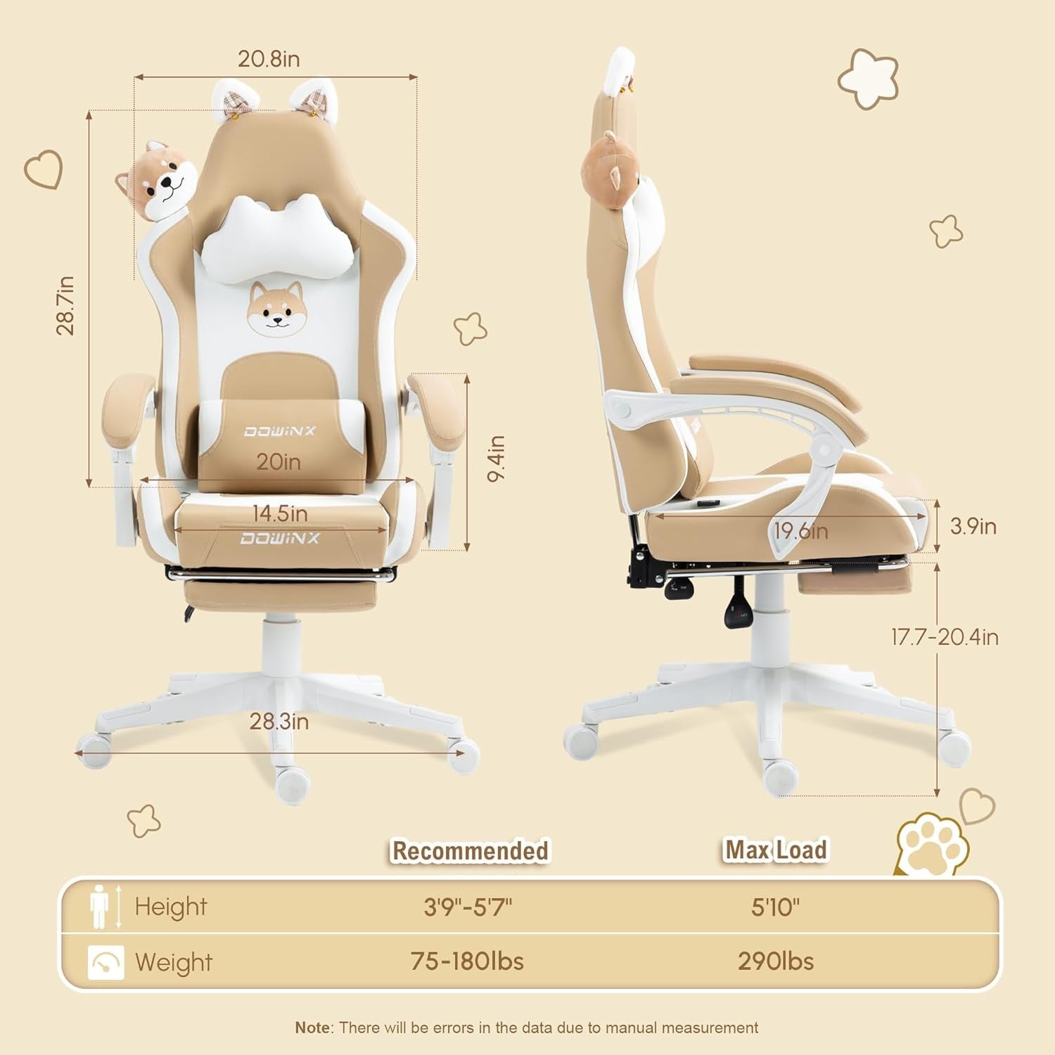 Cute Dog Ear Gaming Chair Massage Lumbar Footrest 290lbs Brown