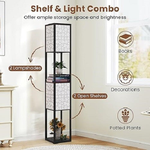Floor Lamp with Shelves Storage Standing Light Flower Shade Reading Lamp