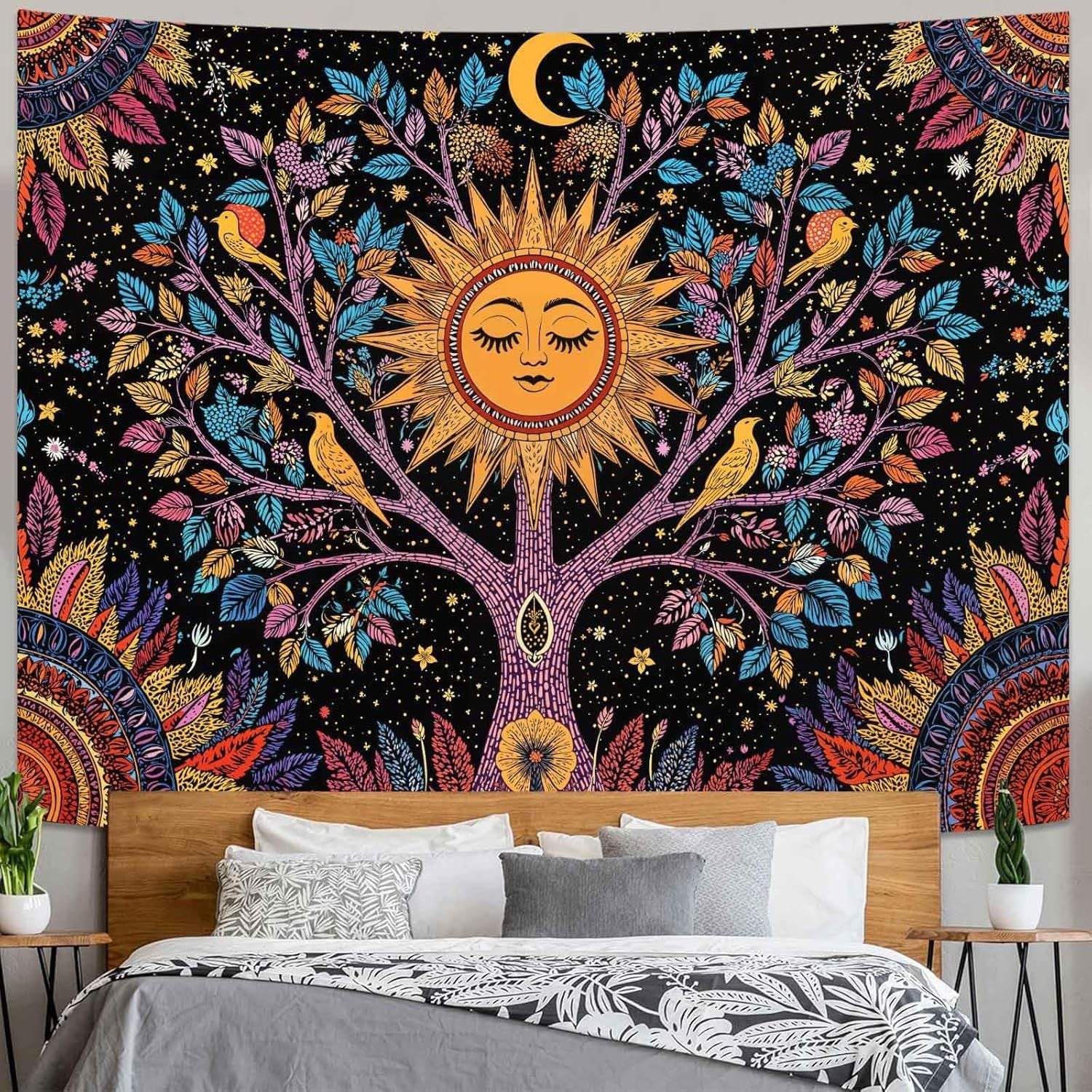 Tree of Life Sun Face & Birds Tapestry Boho Wall Decor 44x60