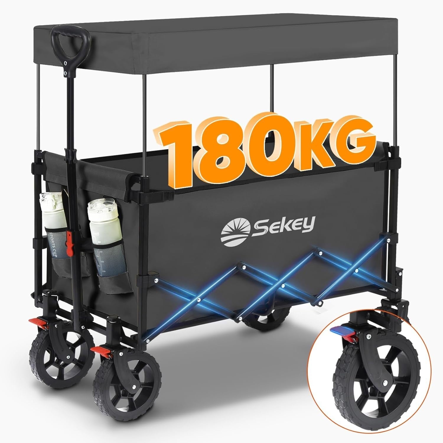Grey 250L Folding Camping Wagon 180kg Heavy Duty Canopy Terrain Beach Trolley