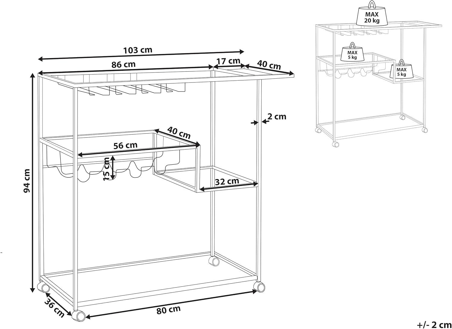 Industrial Kitchen Trolley on Wheels Glass Shelves Bottle Rack Serving Cart