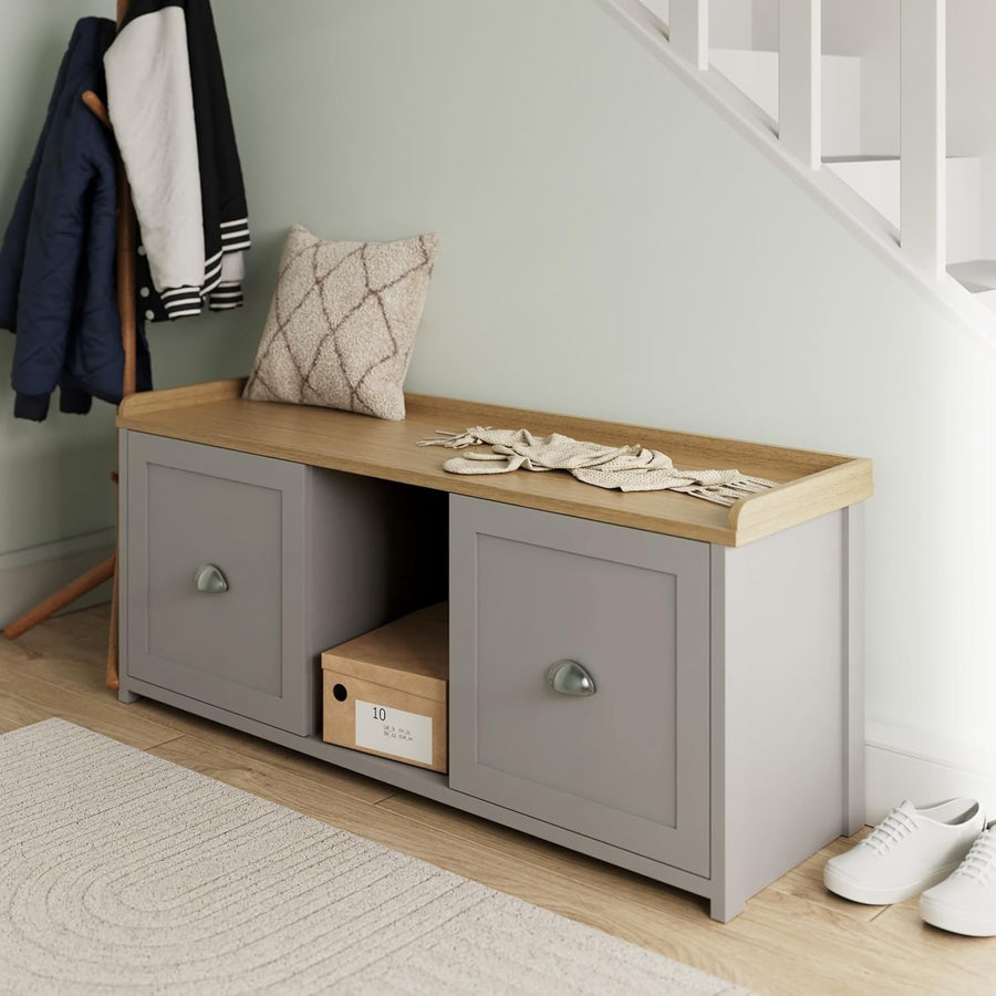 Grey 2-Door Shoe Storage Bench – Oak Entryway Seat & Hallway Organizer