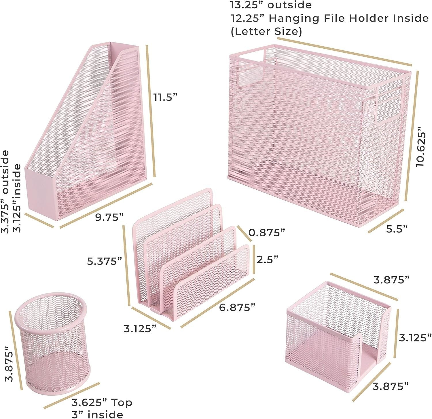 Pink Desk Organiser Set 5pc Metal Office Storage File Holder Women