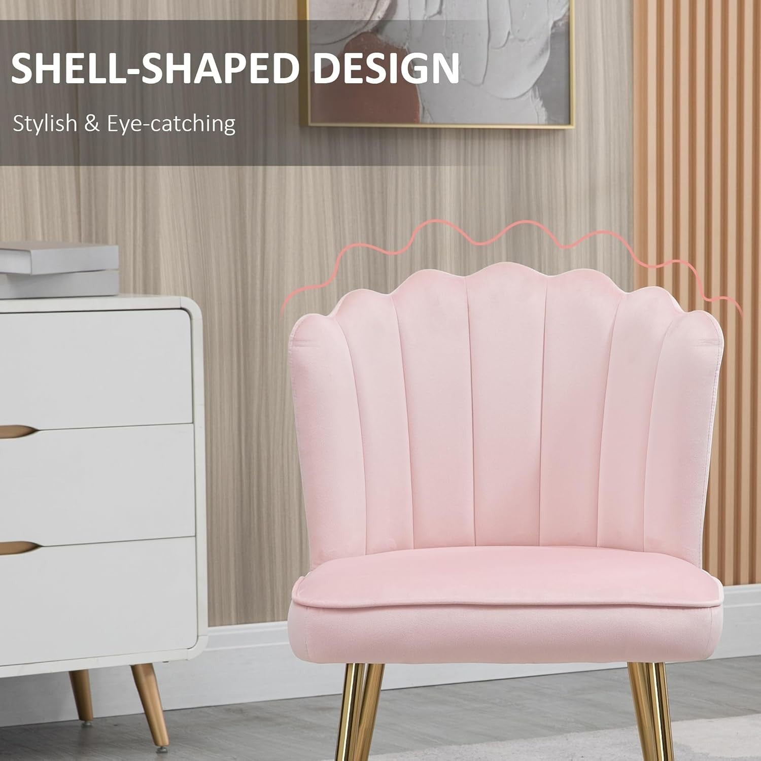 Pink Shell Velvet Accent Chair Gold Metal Legs Modern Vanity Bedroom Seat