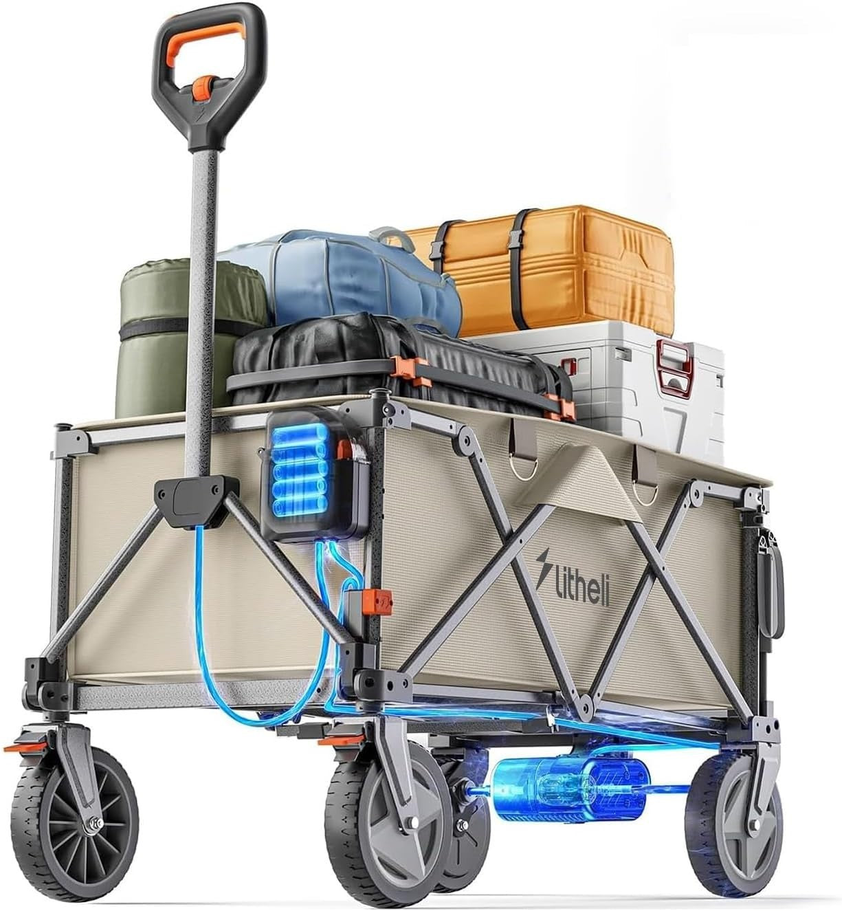 Electric Folding Wagon 200L 60kg Off-Road Festival Trolley Cart Beige No Battery