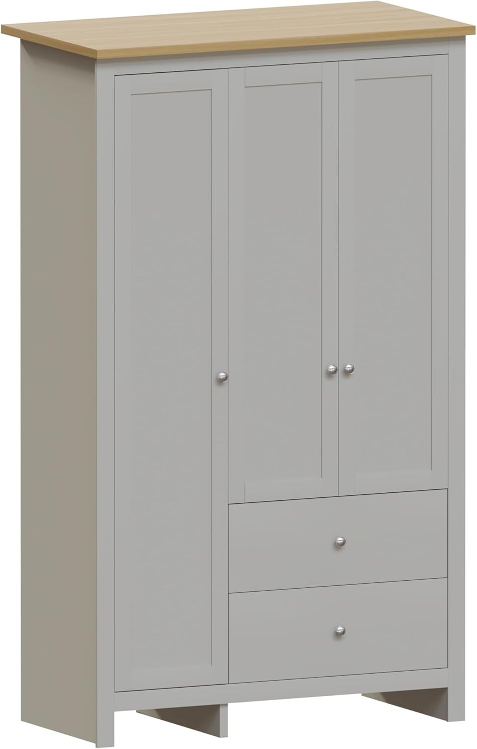 3 Door Grey Wardrobe with Drawers & Clothes Rail - Bedroom Storage Unit