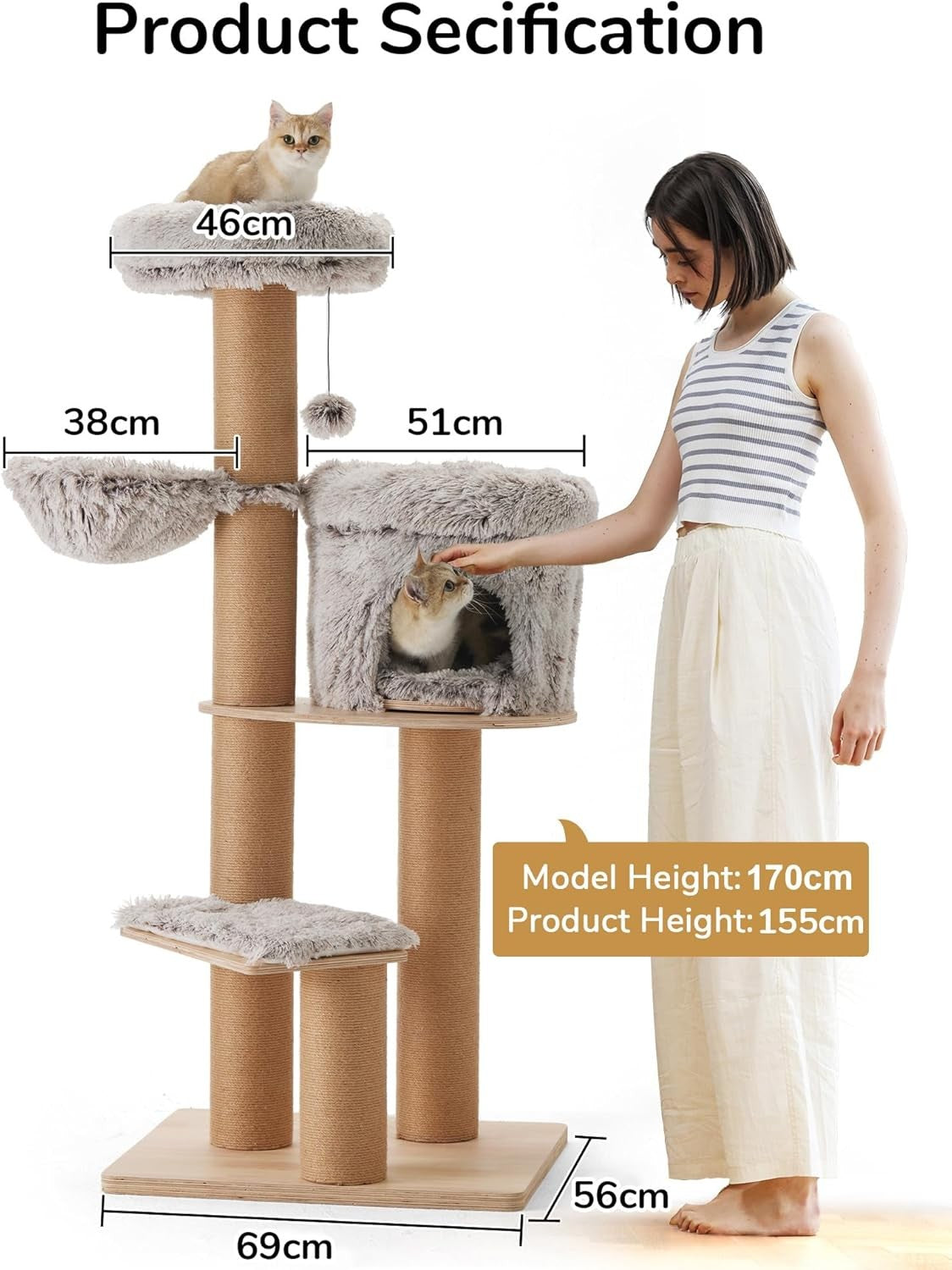 155cm Large Cat Tree Tower Condo Hammock Scratching Posts Multi Level Indoor