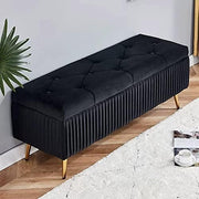 Modern Black Velvet Storage Bench Ottoman with Gold Legs - Footrest Seating