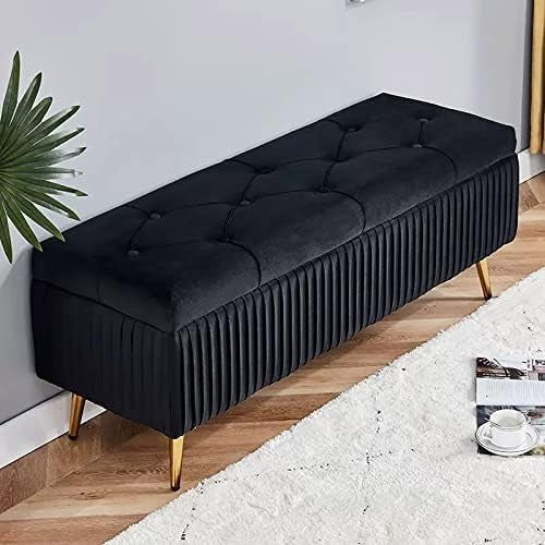 Modern Black Velvet Storage Bench Ottoman with Gold Legs - Footrest Seating