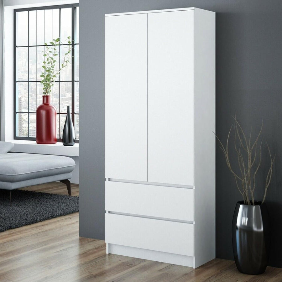 White Modern Double Wardrobe with Drawers & Hanging Rail - Bedroom Storage