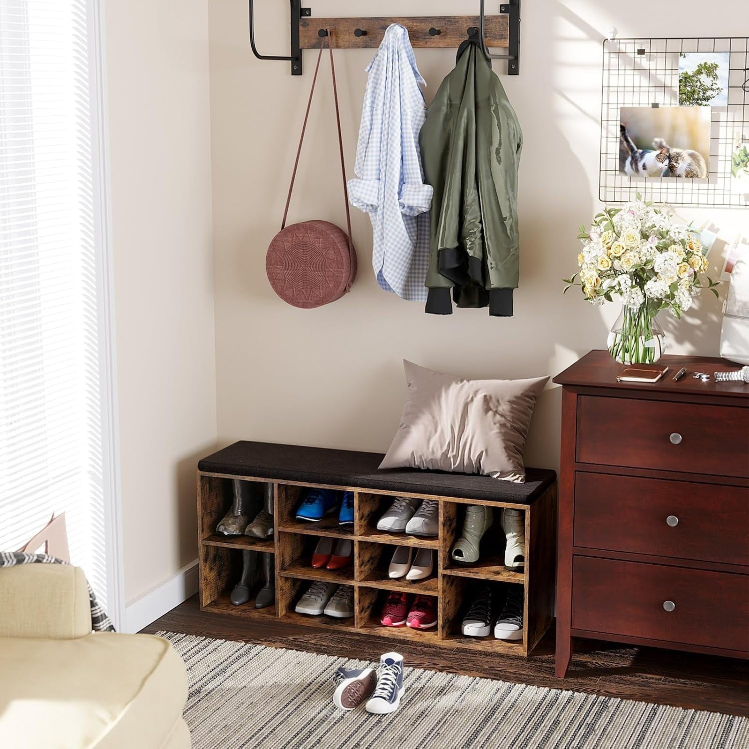 Rustic Shoe Bench with Cushion 10 Compartment Storage Rack 104x30x48cm