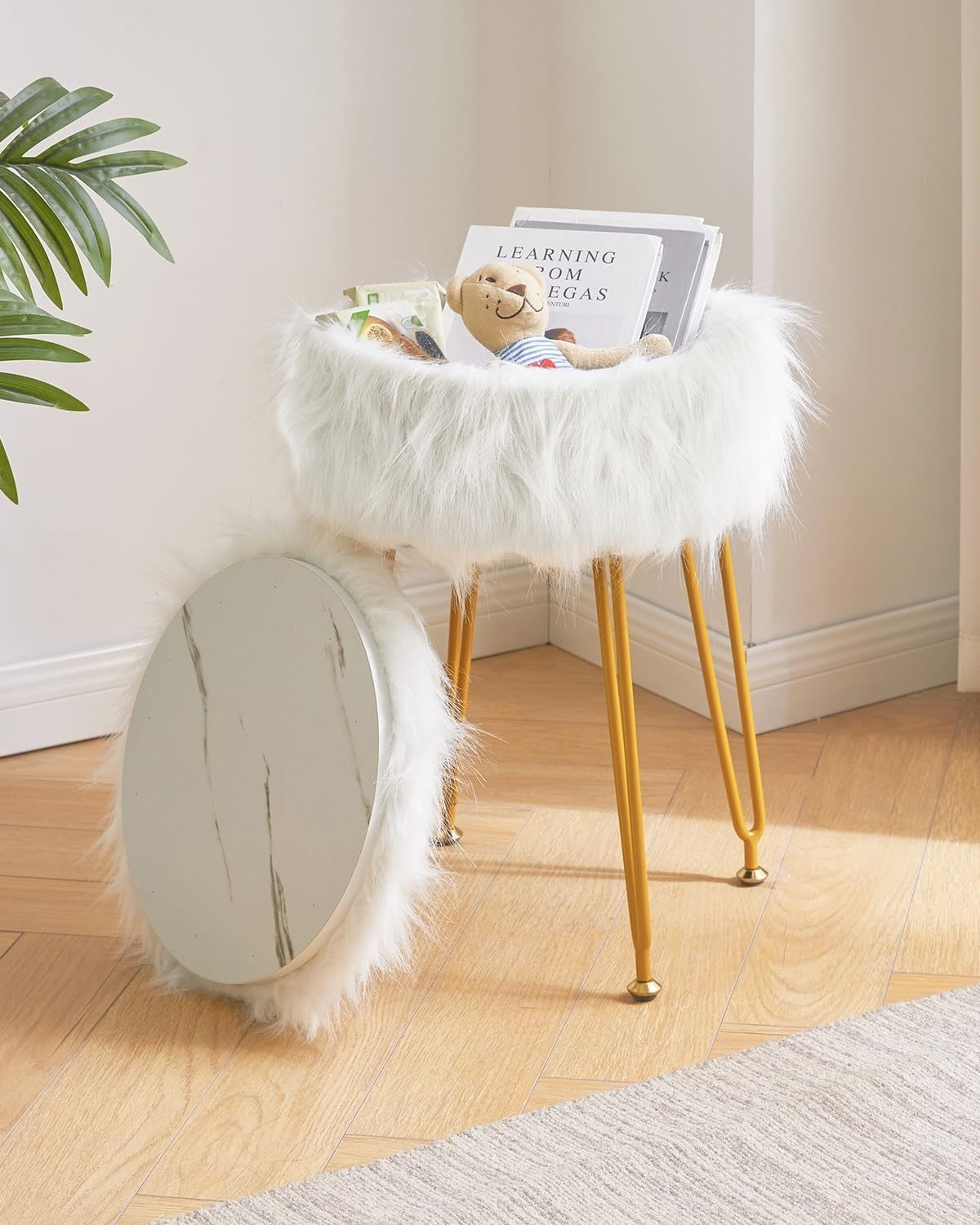 White Round Vanity Stool with Storage – Soft Furry Seat & Metal Legs