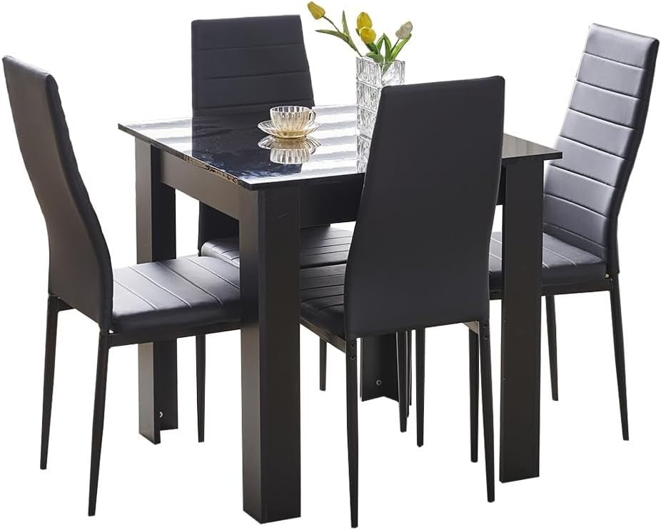 3 Piece Dining Table Set Black PU Chairs Small Space Kitchen Apartment