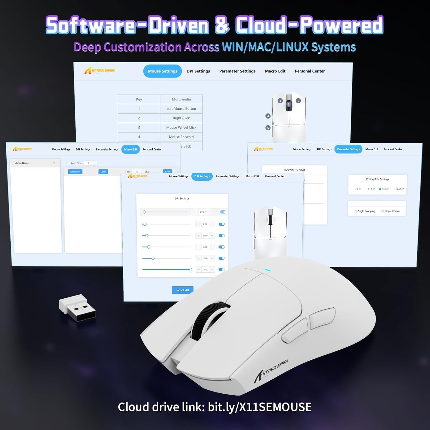 Wireless Gaming Mouse 22000 DPI 65H Battery BT 2.4G USB White