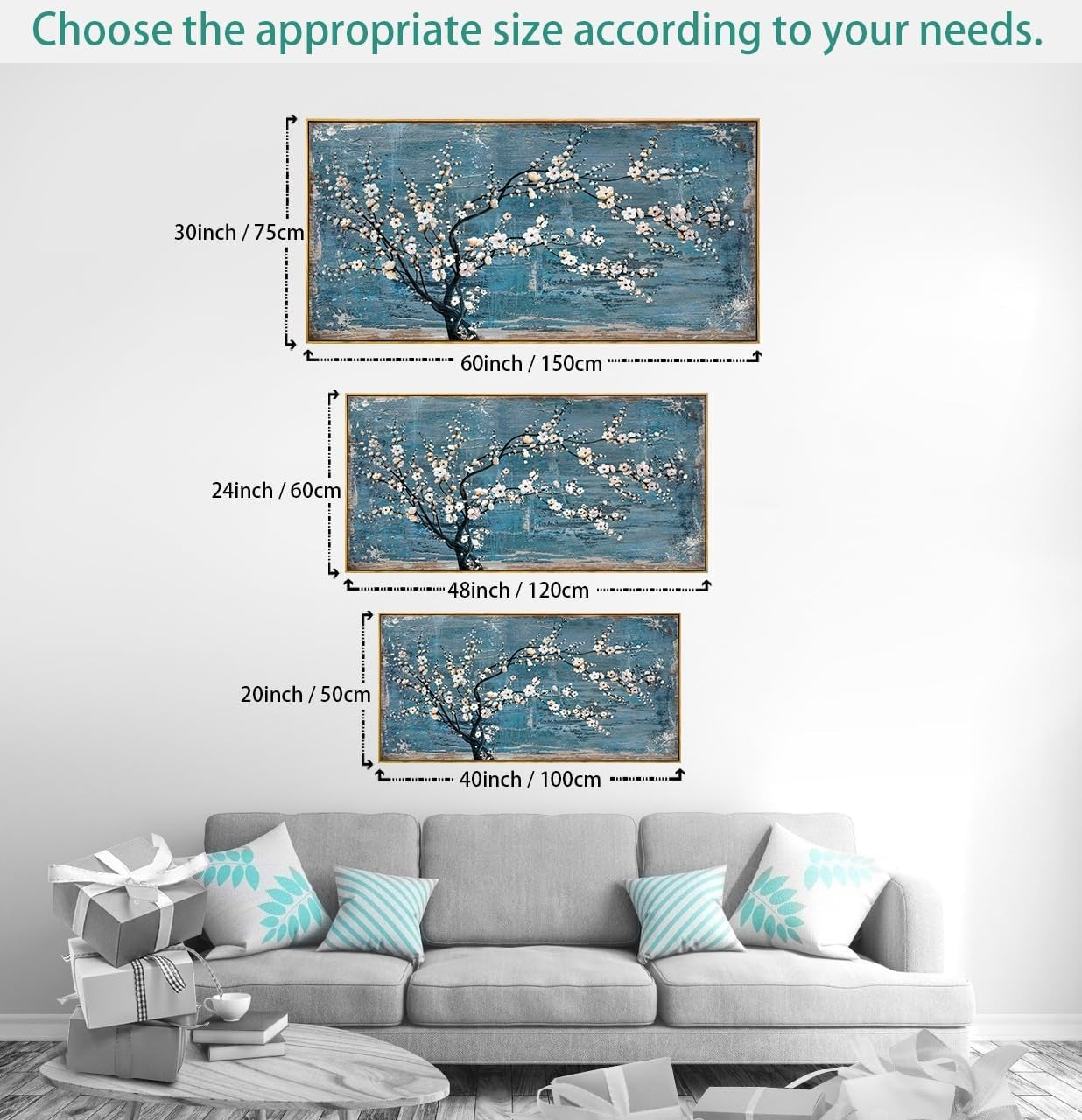 Large Teal Blossom Framed Canvas Wall Art 152x76cm