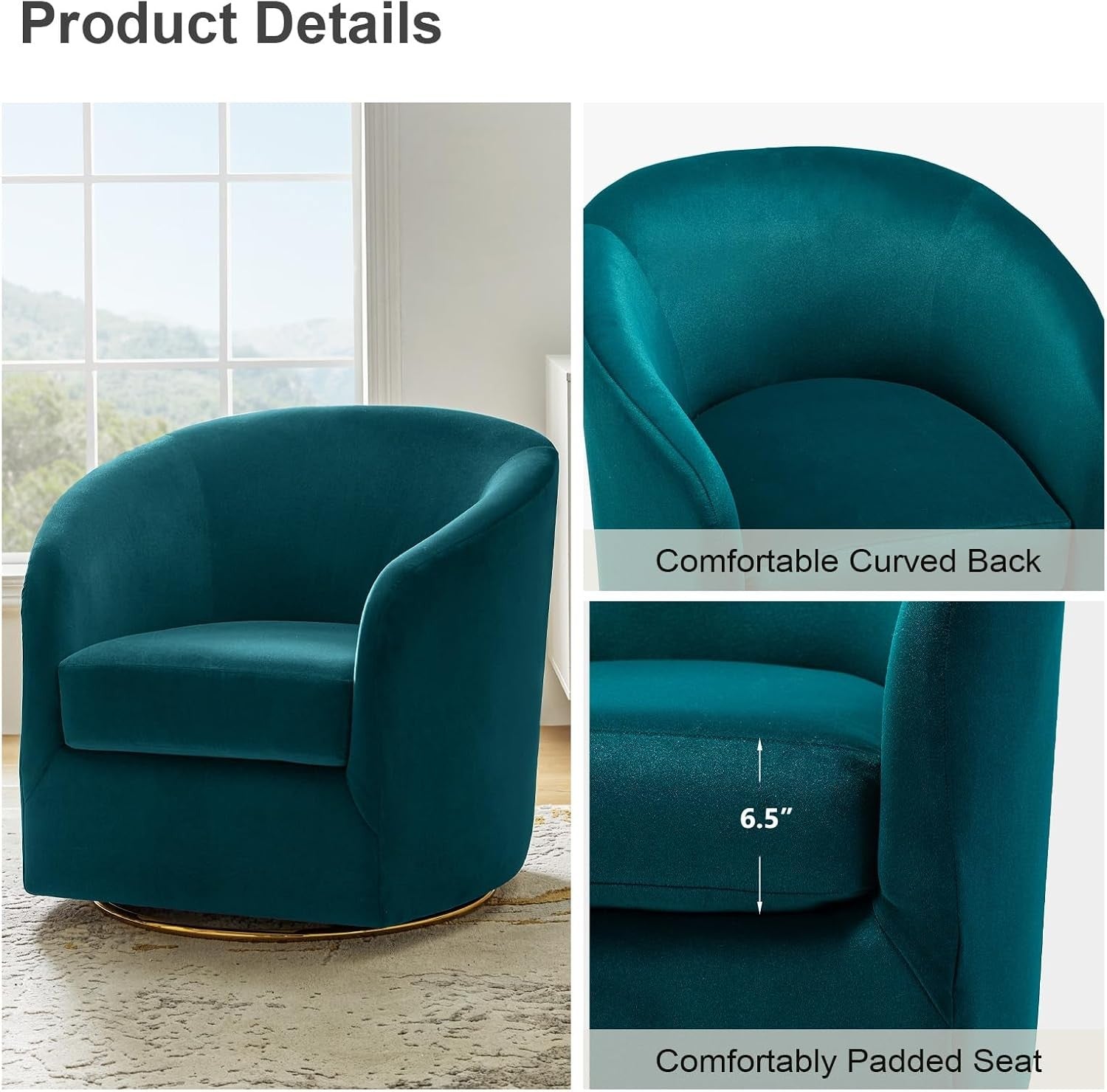 Teal Velvet Swivel Accent Chair with Gold Base – Luxury Barrel Seat