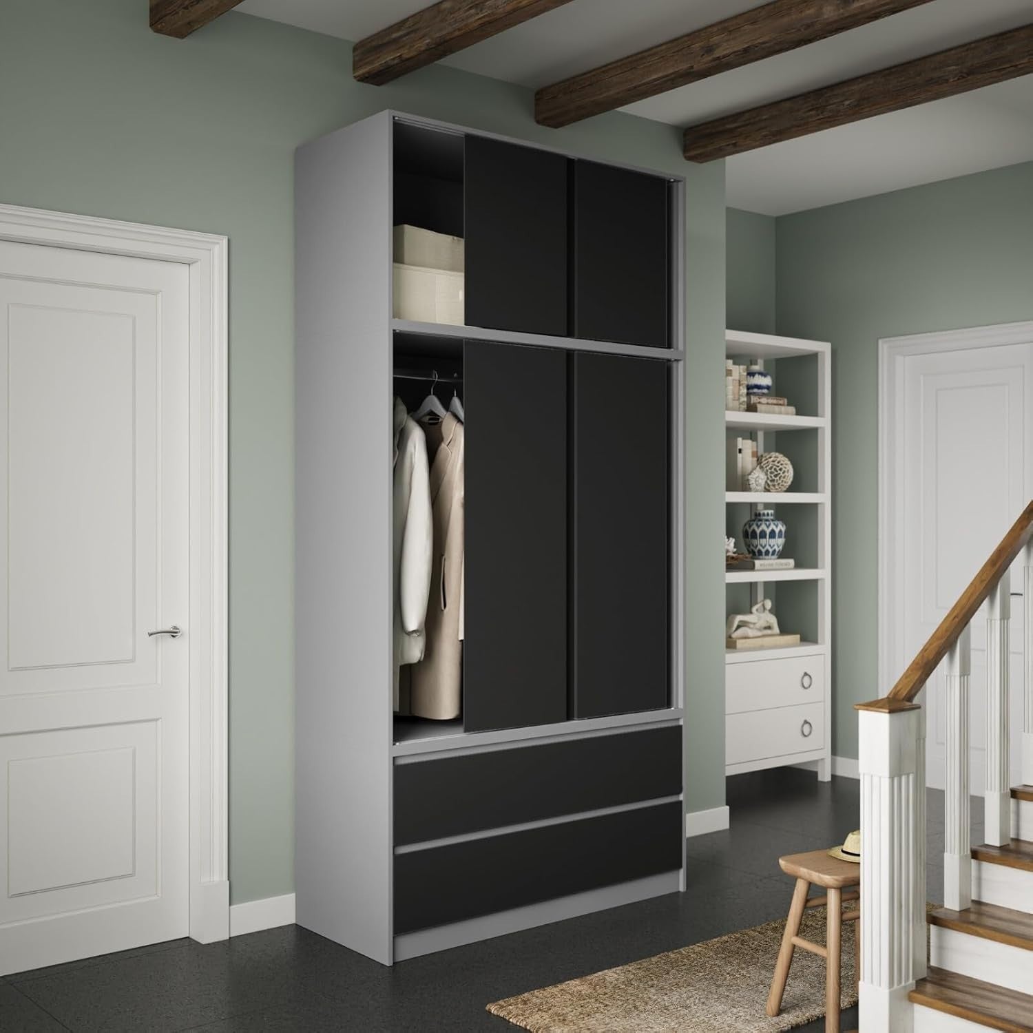 Grey Sliding Door Wardrobe 6 Doors 4 Drawers 240cm Modern Bedroom Closet