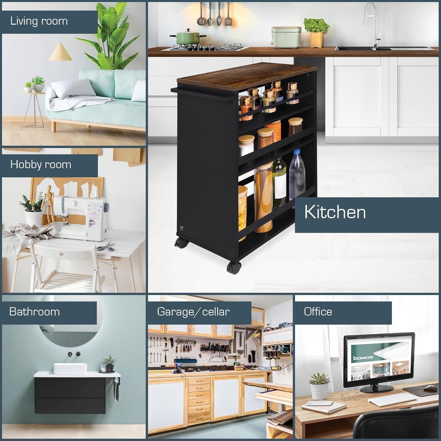 Kitchen Cart Trolley Wheels 3 Tier Adjustable Shelves Wooden Worktop