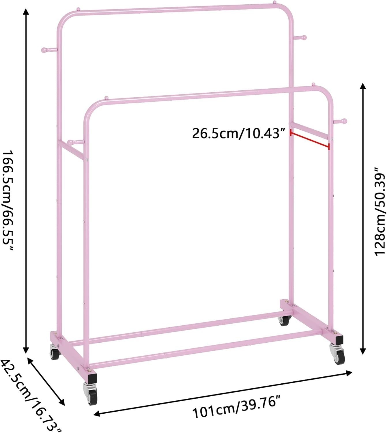 Pink Double Clothes Rail with Wheels & Hooks 169cm