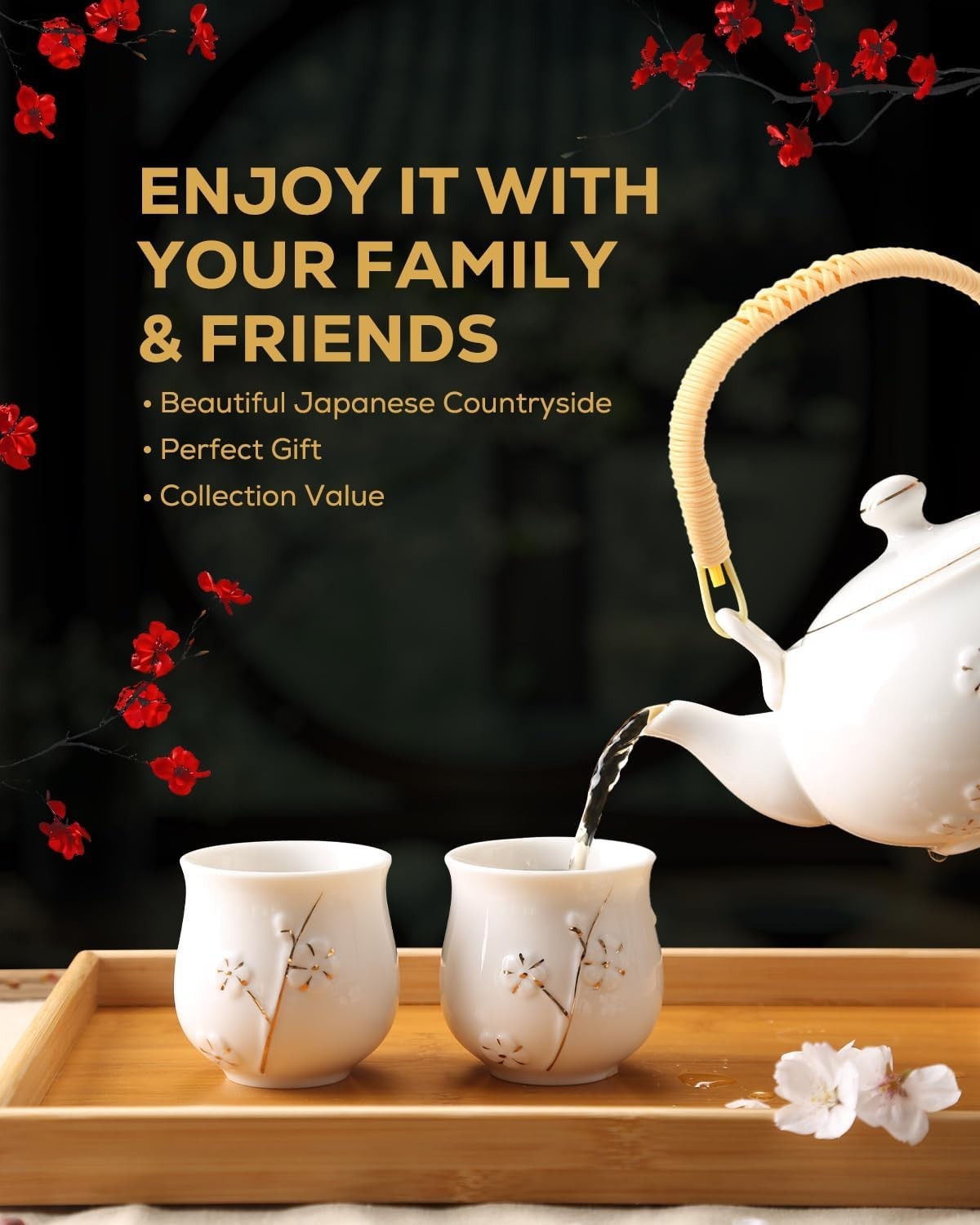 Japanese Porcelain Tea Set Teapot 6 Cups Tray Infuser White Gold