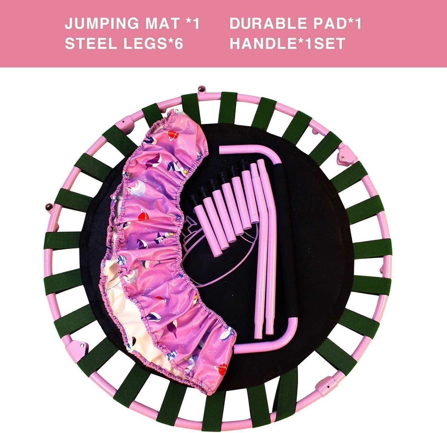 38'' Kids Mini Trampoline Foldable Quiet Rebounder Adjustable Handle Pink